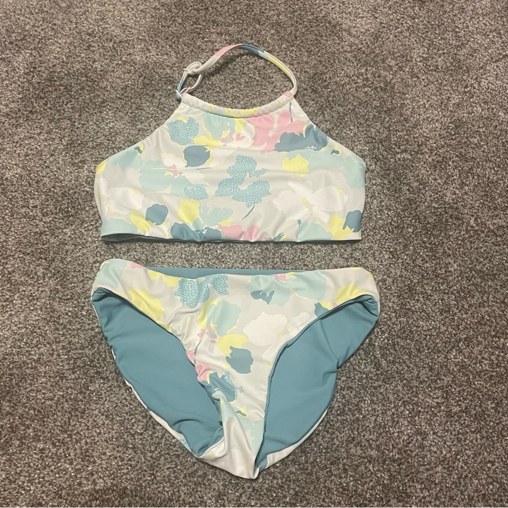 Zella Girl Size 10 Just Breathe Reversible Two Piece Swimsuit Halter Top Floral